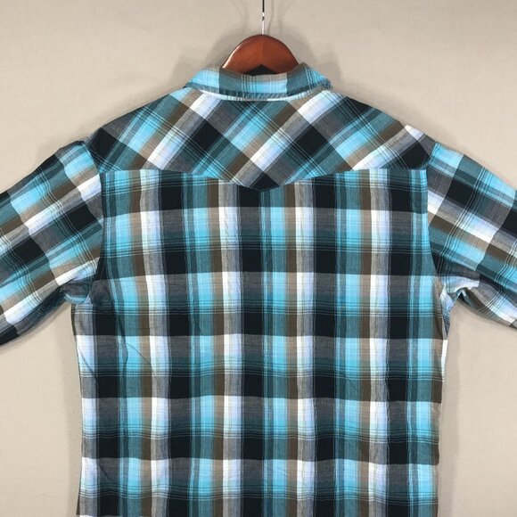 Elixir Shirt Men's Medium Blue Plaid Snap Button Down Long Sleeve Western Cowboy - Picture 7 of 10